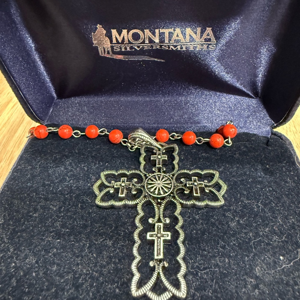 Montana Silversmiths Silver Filigree Cross Necklace with Red Bead Chain